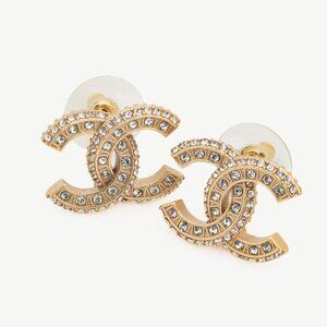 Chanel B25 Gold-Tone Crystal-Embellished CC Stud Earrings